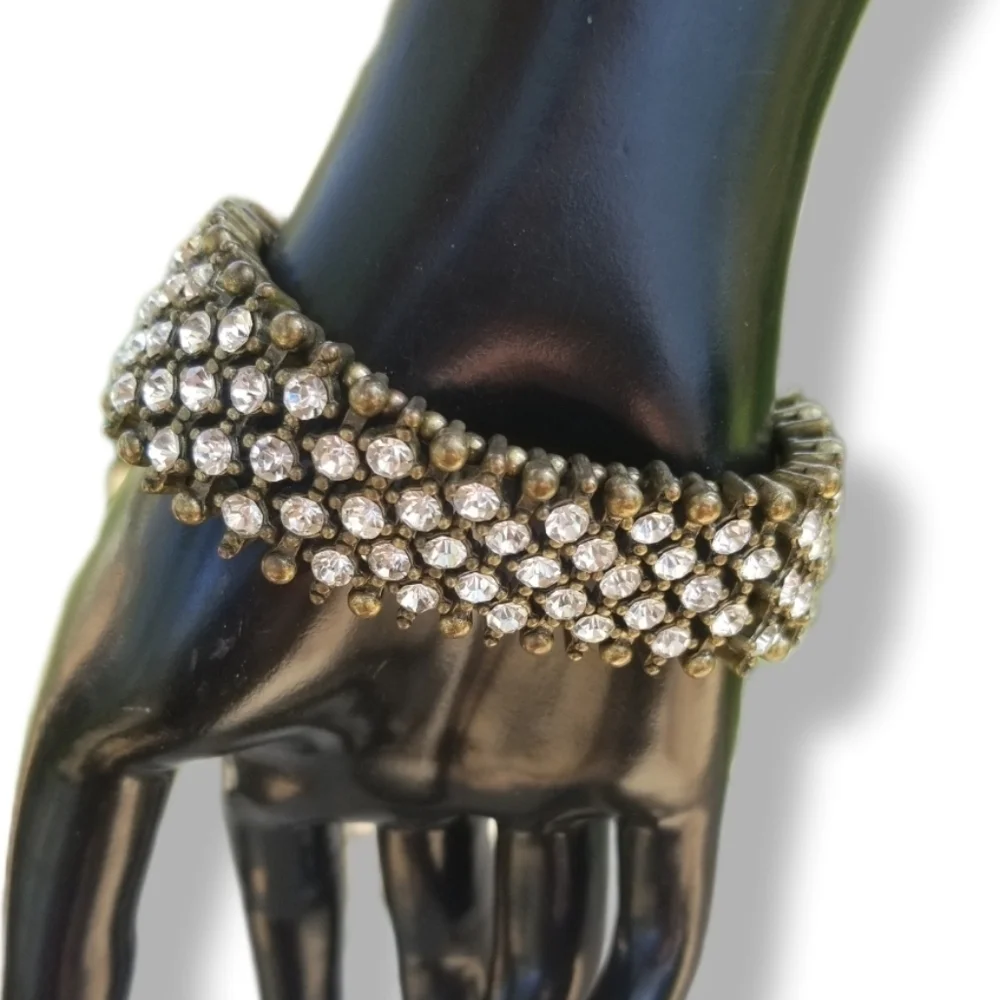 VINTAGE ANTIQUED BRASS & WHITE RHINESTONE MESH DESIGN STRETCH BRACELET